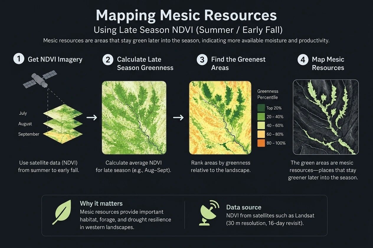 Landsat NDVI and vegetation persistence: mesic areas stay green longer through summer and fall than the surrounding dry landscape.
